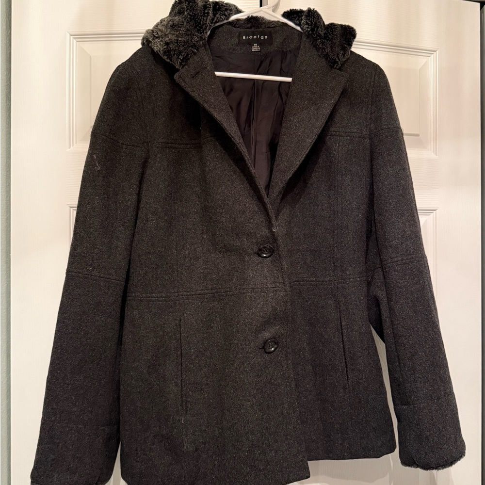 Braetan Charcoal Pea Coat with Faux Fur Collar